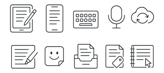 Writing and communication outline icon set. pen, paper, cloud, microphone, folder icons