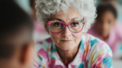 A thoughtful elderly woman wearing unique colorful glasses engages in conversation while surrounded by children in a vibrant classroom setting promoting learning and connection.