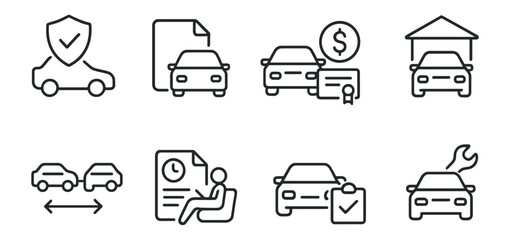 Naklejka na ściany i meble Car service and insurance linear icon set. auto repair, finance icons collection