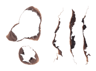 Set of Burnt Paper Elements PNG - Scorched Edges, Holes, & Strips; Grunge Texture Overlays, or Fire Damage Effects, fire brunt paper edges