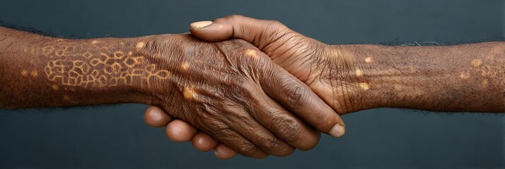 44 year old Black female in a bright clinic showing actinic keratosis on her forearms with a crosshatch overlay depicting UV induced cellular atypia