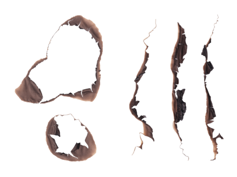 Set of Burnt Paper Elements PNG - Scorched Edges, Holes, & Strips; Grunge Texture Overlays, or Fire Damage Effects, fire brunt paper edges