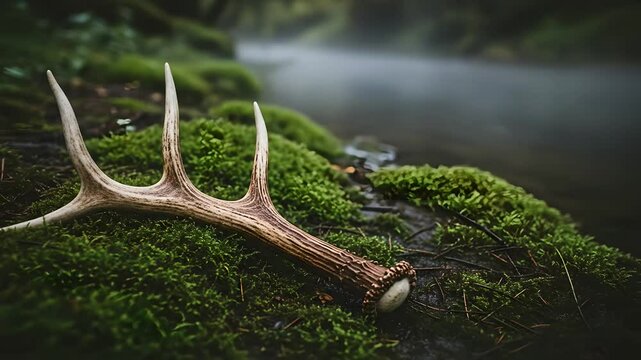 Deer antler shed on moss by river. Symbolizing wildlife, nature, and hunting. Ideal for outdoor, hunting, and conservation themes. Promote environmental projects.