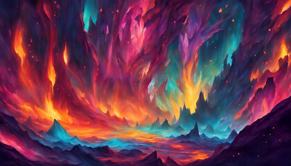 Colorful abstract landscape with fiery and vibrant sky