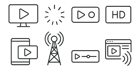 Media, entertainment outline icon set. streaming, broadcast symbols outline collection