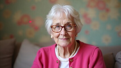 Ältere Frau mit Brille und Perlenkette sitzt entspannt auf Sofa im Wohnzimmer