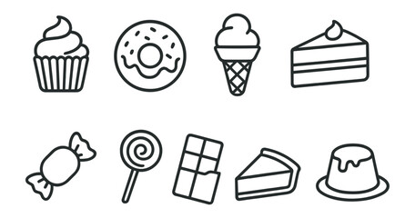 Dessert and sweets outline icon set. cupcake, ice cream, candy collection