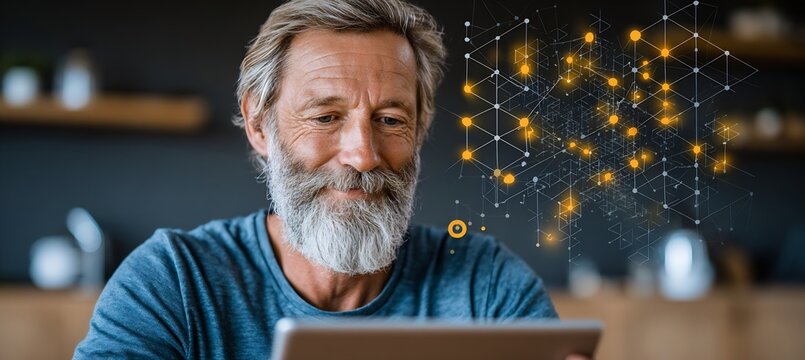 45 year old male holding a digital journal tablet during a telecounseling session in a sunlit home office with a pointillism overlay illustrating cortisol level tracking