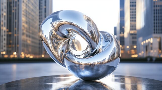 Urban Reflections: A Chrome Sculpture in a Cityscape
