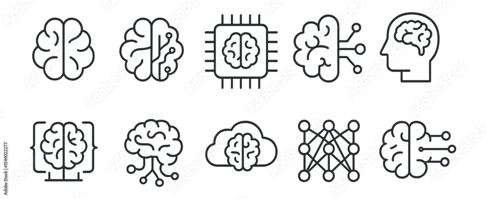 Poster artificial intelligence linear icon set. ai, neural network, technology line collection