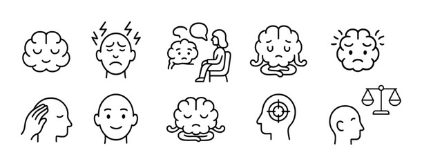 Mental health and wellness line icon set. mindfulness, therapy, meditation outline icons