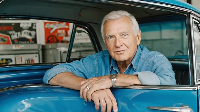 Classic car enthusiast shares stories in a vintage automobile interior