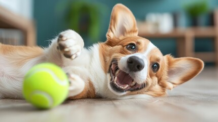 Naklejka na ściany i meble A joyful corgi lies on the floor, engaging with a vibrant green tennis ball, showcasing the playful spirit and happiness of pets in a cozy home environment.
