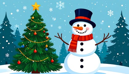 Snowman  Christmas Tree Winter Scene.
