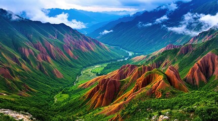 Colorful mountain valley, vibrant hues of red, green, and blue, winding river, dramatic peaks, lush vegetation