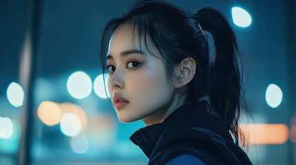 Contemplative Young Woman in City Night Lights - Urban Mood Lighting & Modern Aesthetic