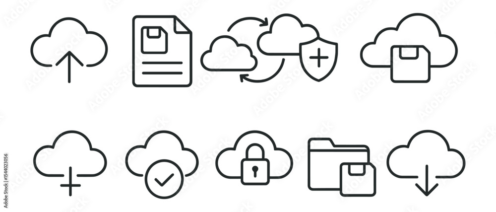 Poster cloud computing outline icon set. data storage, security, and sync line collection