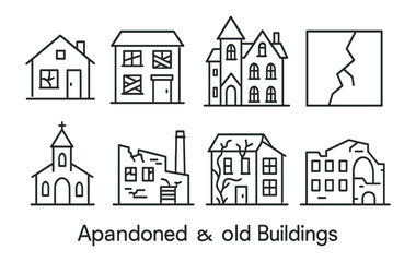 Icon set: abandoned buildings linear style. old, damaged structures collection