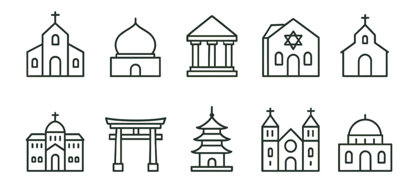 Religious building line icon set. church, mosque, temple, synagogue outline collection