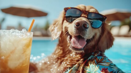 A joyful golden retriever wearing sunglasses, relaxing by a sparkling pool with a refreshing drink, embodying leisure, affection, and the joy of summer days.