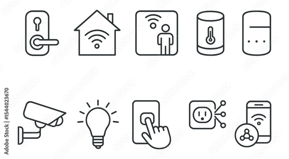 Poster home automation line icon set. smart devices, security, thermostat linear collection