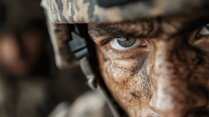 An intense close-up of a soldier's eye, showcasing determination and focus amidst camouflage and dirt, highlighting the sacrifice and intensity of military life in combat.