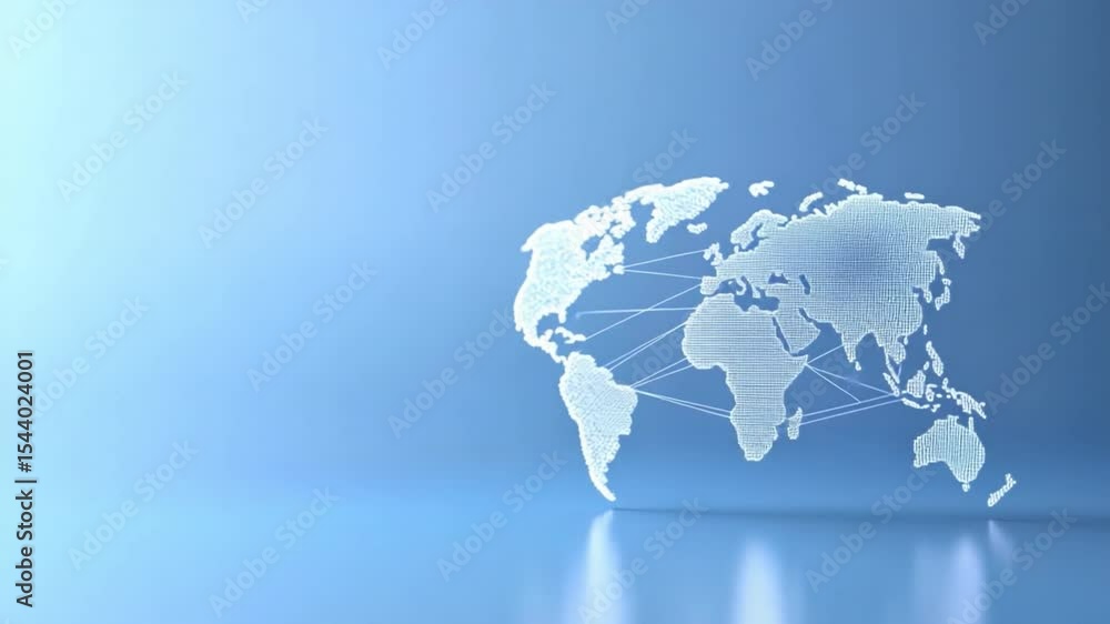 Poster Global Connections: Illuminated world map depicting interconnectedness against a gradient backdrop, representing international collaborations, globalization, and network dynamics.
