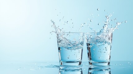 Two glasses of water collide, creating splashes that capture the essence of refreshment and vitality against a soothing blue background.
