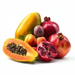 A vibrant assortment of fresh, ripe fruits, including papaya and pomegranate