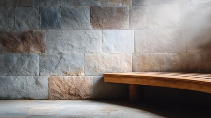 A stone wall with a bench in front of it