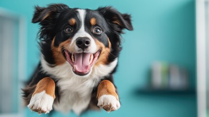 A joyful dog mid-air captures the essence of playfulness, showcasing its vibrant energy and happiness against a contrasting turquoise backdrop in this uplifting image.