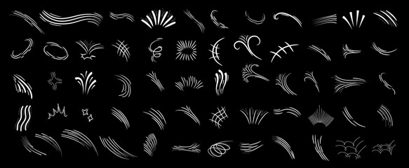 Comic line sparkle and movement elements set. Hand-drawn black ink dynamic strokes, speed lines, starbursts, swooshes, and pop-art accents. Perfect for manga, comic books, cartoon design, and motion e