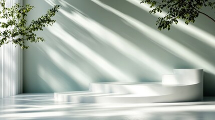 An artistic view of a serene minimalist interior featuring elegant white steps under soft light, conveying tranquility, simplicity, and modern design aesthetics.