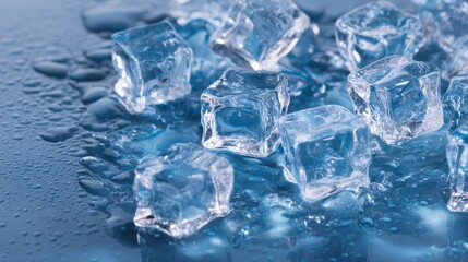 Melting ice cubes on blue surface with water droplets