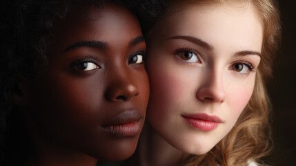 Close-up portrait of young african female and caucasian female with natural beauty