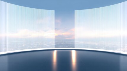 Futuristic panoramic window with cityscape and sky view at sunset