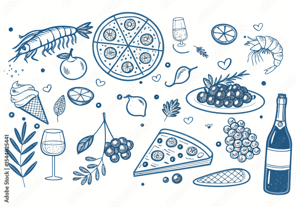 Fototapete a neat set of beach-themed vector sketches including palm trees, crabs, and waves in child-friendly 