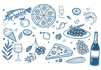 A neat set of beach-themed vector sketches including palm trees, crabs, and waves in child-friendly style. Easy to edit for digital or print use.