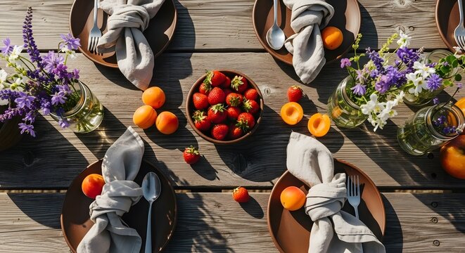 Rustic Outdoor Table Setting with Fresh Fruit and Flowers