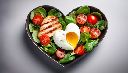 heart shaped salad bowl with fresh ingredients including grilled chicken tomatoes and a poached egg