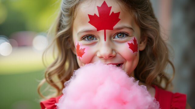Happy Little Girl with Maple Leaf Face Paint Enjoys Cotton Candy Treat, Celebrating Canada Day
