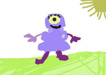 Funny monster. Monster character cartoon. Cute monster. A purple monster in the sunny meadow. Children's drawing of a monster. Happy purple monster cartoon. Halloween monster