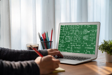 Mathematic equations and modish formula on computer screen showing concept of science and education