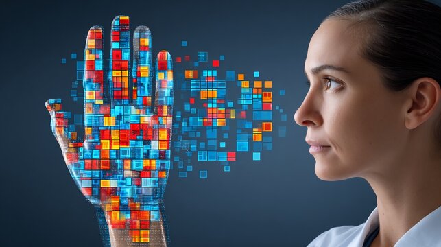 58 year old Latina radiology resident evaluating an X ray of a bicultural patients hand fracture with a glitch art overlay showing fracture line segmentation
