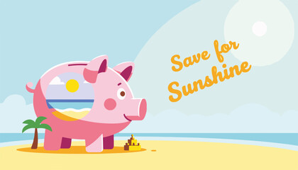 Playful pink piggy bank saving for sunshine on a beach with a palm tree and sandcastle, cheerful concept of finance or vacation planning