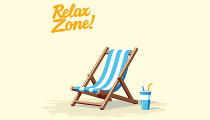 Relaxing beach chair with blue and white striped cloth and refreshing drink, minimalist style on a light yellow background, summer concept of travel agency or beach resort