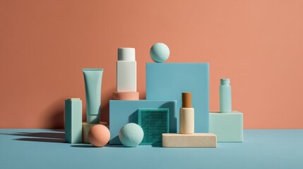 Minimalist skincare arrangement with pastel hues and geometric shapes
