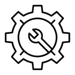 Minimal black line icon of a gear and wrench. Ideal for settings, tools, maintenance, repair services, system preferences, mechanical concepts, and tech support interfaces.