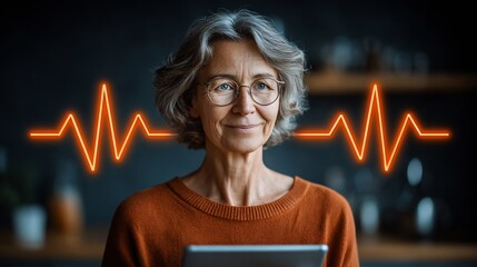 60 year old woman in her kitchen using a voice enabled tablet for remote cardiology follow up with an isometric infographic showing ECG waveform streaming