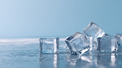 Close-up of melting ice cubes on reflective surface with blue background